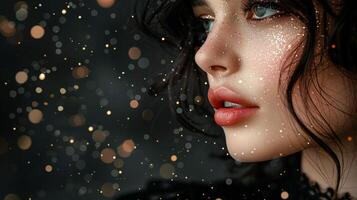 AI generated Womans Face Close-Up With Falling Snow photo