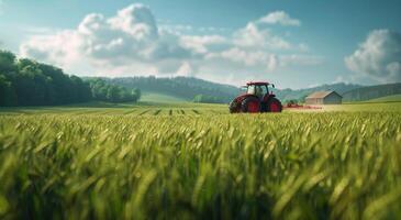 ai generado rojo tractor conducción mediante trigo campo foto