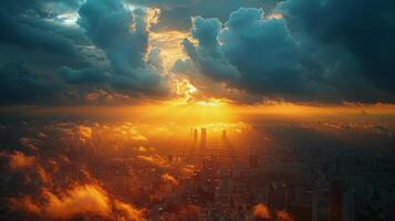 AI generated Sun Shining Through Clouds Over City photo