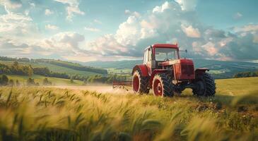 AI generated Red Tractor Driving Through Wheat Field photo