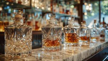 AI generated Bottles of Liquor Lined Up on a Bar photo