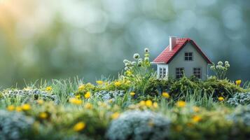 ai generado pequeño casa en lozano verde campo foto