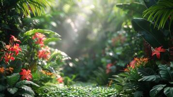 AI generated Lush Green Forest With Red Flowers photo