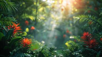 ai generado lozano verde bosque con rojo flores foto