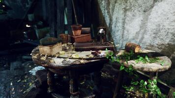 A table filled with various items in an abandoned and devastated room video