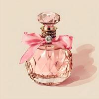 AI generated Pink Bottle of Perfume. Women's Eau De Parfum in Beautiful Rose Gold Bottle. Vintage style photo