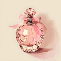 AI generated Pink Bottle of Perfume. Women's Eau De Parfum in Beautiful Rose Gold Bottle. Vintage style photo