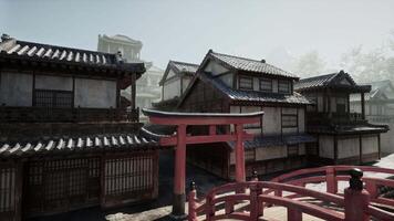 A red gate stands in front of a row of buildings video