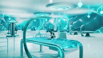 een futuristische laboratorium met een strak wit tafel en stoelen video