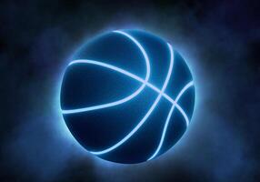 black basketball with bright blue glowing neon lines on black background with smoke photo