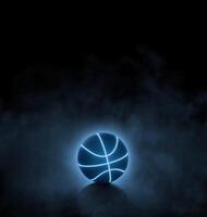 black basketball with bright blue glowing neon lines on black background with smoke photo
