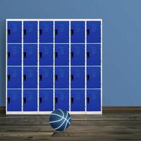 Basketball in room floor with locker in the background photo