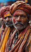 ai generado holi festival celebracion. un hombre es vistiendo un rojo turbante y es sonriente mientras siendo cubierto en vistoso polvo. el escena aparece a ser un celebracion o festival foto