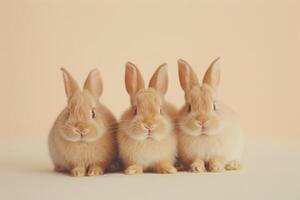 AI generated Cute fluffy rabbits on pastel beige background photo