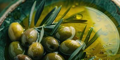 AI generated Olive oil and a twig of an olive tree close up photo