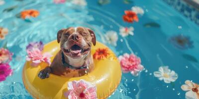 AI generated Pitbull dog floating in swimming pool in Inflatable ring on summer vacation. Cute pet on a walk. Lovely dog in pool photo
