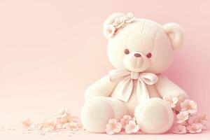 AI generated Cute teddy bear toy on a light background with flowers and copy space. Background for greeting card photo