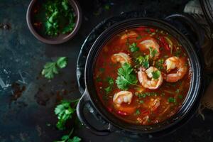 AI generated Tom Yam soup with shrimp in a black bowl on a dark elegant background. Asian food photo