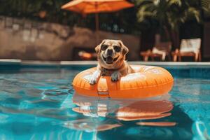 AI generated Dog in fency sunglasses floating in swimming pool in Inflatable ring on summer vacation. Cute pet on a walk. Lovely dog in pool photo