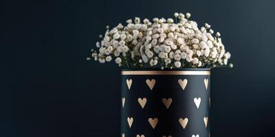 AI generated A bouquet of white flowers in luxury packaging with gold hearts on a dark background with copy space. Festive background for birthday, wedding or women's day photo