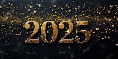ai generado oro números 2025 en un negro lujo antecedentes con oro salpicaduras nuevo año bandera foto
