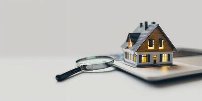 AI generated Model of a house with a magnifying glass on a white background with copy space. Concept of buying and searching for real estate photo