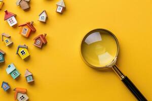 AI generated Magnifying glass on a yellow background with wooden houses. Real estate search concept photo