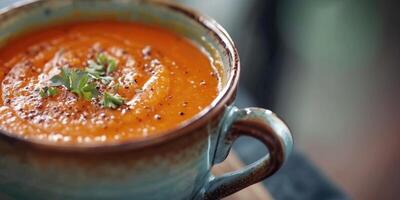 AI generated A mug of carrot soup with herbs. Proper nutrition concept background with copy space photo