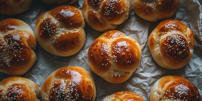 AI generated Lush buns with sesame seeds on a baking sheet, top view. Homemade baking photo