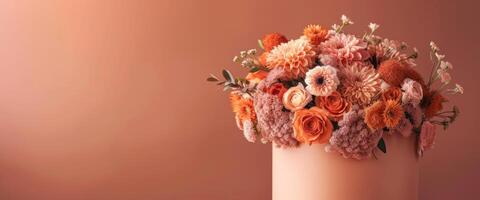 AI generated A bouquet of various flowers in a hat gift box. Festive background in peach fuzz color with copy space photo