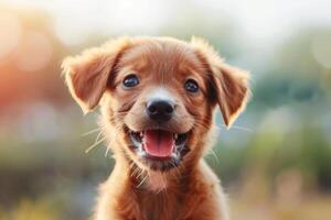 AI generated Cute happy puppy on a walk. Pet care. Domestic Animal. photo