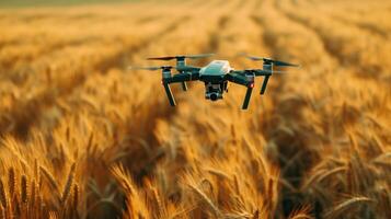AI generated A drone flies over a golden wheat field at dawn photo