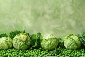 AI generated Green background with cabbage and green peas. Vegetable background with copy space. photo