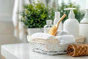 AI generated A set of body care cosmetics in a basket in a bright bathroom. Skin care concept banner with copy space photo