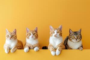 AI generated Four cute diverse cats on a bright yellow background with copy space photo