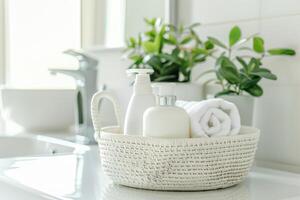 AI generated A set of body care cosmetics in a basket in a bright bathroom. Skin care concept banner with copy space photo