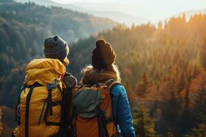 AI generated A young couple of travelers stands on a hill and watches the sunrise. Hiking concept photo