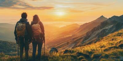 AI generated A young couple of travelers stand on a hill and watch the sunset. Hiking tourism concept photo