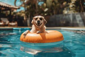 ai generado perro en valla Gafas de sol flotante en nadando piscina en inflable anillo en verano vacaciones. linda mascota en un caminar. encantador perro en piscina foto