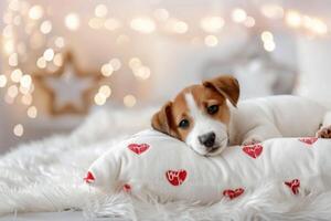 AI generated A cute puppy lies on a white pillow with red hearts. Pet care concept photo