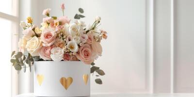 AI generated A bouquet of delicate pastel white and pink roses in a white package with gold hearts. Festive light background with copy space photo