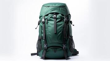 AI generated Green Hiking Backpack Bag isolated on white background with copy space for advertisement. AI Generated photo