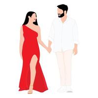 Indian Couple illustration women in red dress and man in white shirt and Beige pants. vector