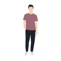 There is a man in a standing pose, wearing a t-shirt and black pants. vector