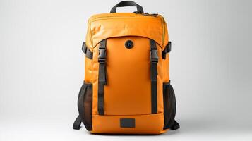 ai generado naranja cámara mochila bolso aislado en blanco antecedentes con Copiar espacio para anuncio publicitario. ai generado foto