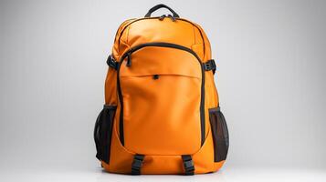 AI generated Orange Camera Backpack Bag isolated on white background with copy space for advertisement. AI Generated photo