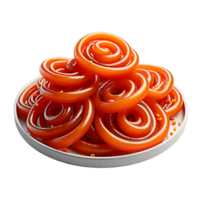 AI generated Crispy Sweet Jalebi, Jilapi, zulbia, mushabak or zalabia in white oval plate png