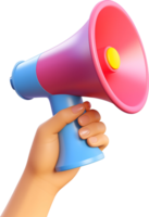 AI generated 3D hand holding pink blue megaphone. PNG