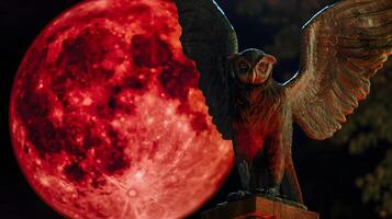 AI generated The Mothman statue under a blood moon becomes a beacon for the supernatural drawing the curious and the brave photo