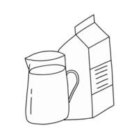 Black and White Doodle of a Pitcher and Milk Carton on a Table vector
